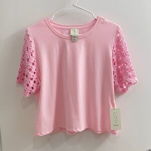 Joie Pink top with crochet short sleeves Size L 🩷